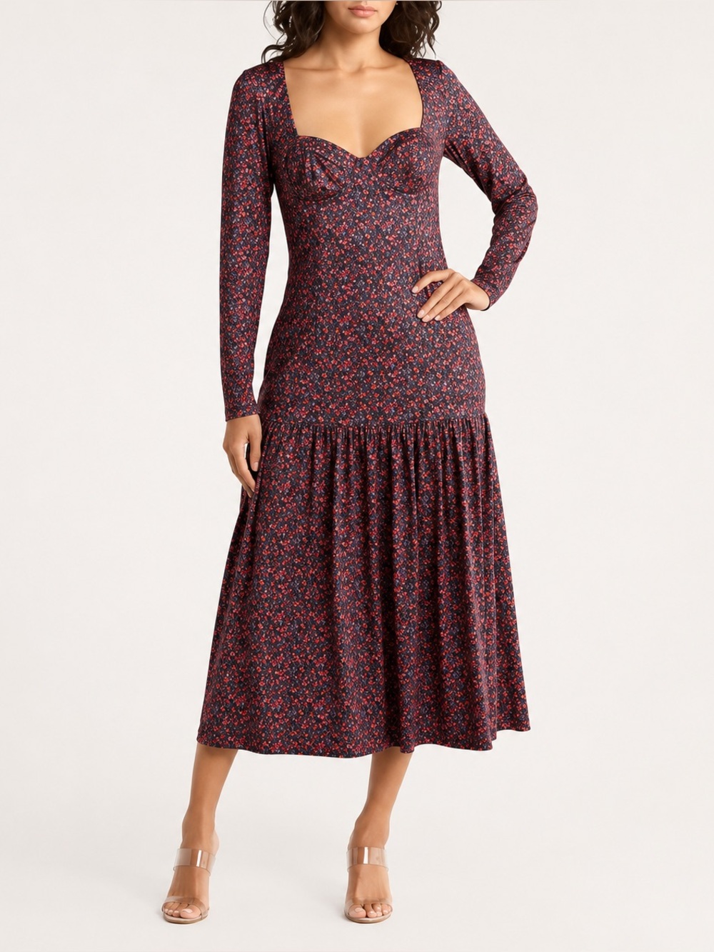 NWT Hutch Long Sleeve Floral Midi Dress - Black with Pink Floral